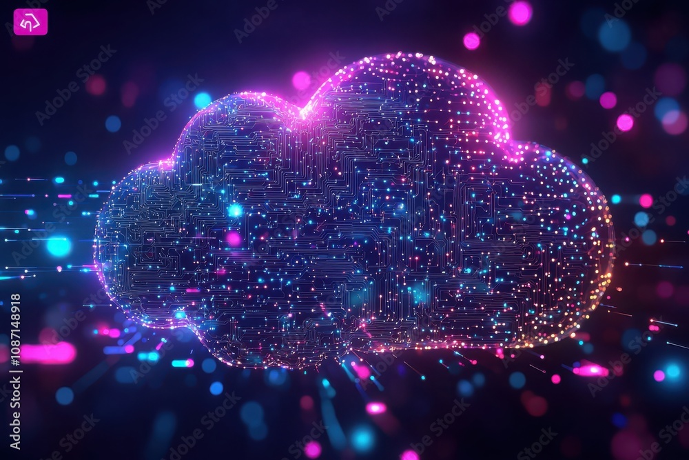 Poster visualizing the future colorful cloud-shaped neural network with glowing circuits in a digital envir