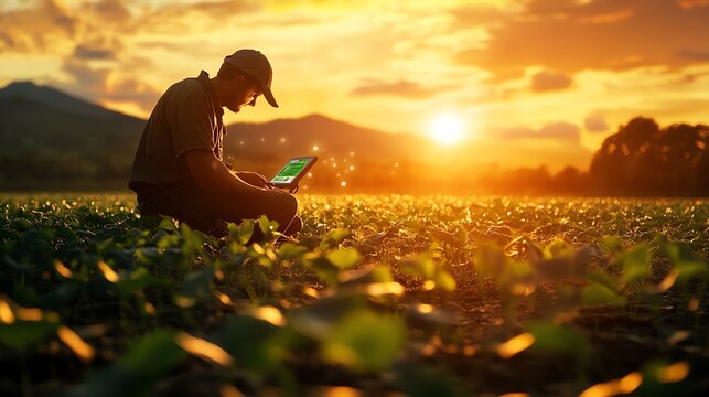 Here are a few options for your stock photo description, all under 50 characters:..* **Option 1 (Focus on technology):** Farmer, tech, sunset, field..* **Option 2 (Focus on agricul