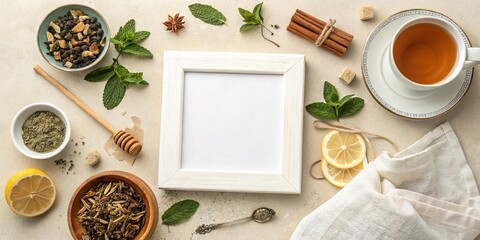 Elegantes Tee-Arrangement mit Teetasse, Minze und Zimtstangen