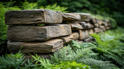 Obraz premium Close-up view of a rustic stone wall surrounded by lush green ferns in a garden setting, showcasing natural textures and outdoor landscaping elements.