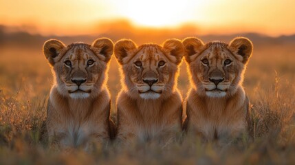 Obraz premium An enchanting sunrise safari moment captures three young lions sitting side by side on the grasslands, illuminated by a warm, golden light