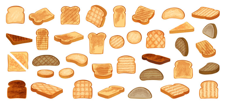 Toasts. Fried bread for breakfast recent vector toasts geometrical shapes cartoon pieces of bread