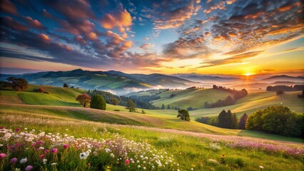 Fototapeta premium Serene Landscape Photography Evoking the Comfort of Sleep: Tranquil Mountains, Soft Clouds, and Gentle Meadows at Dawn