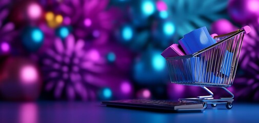 Shopping cart on laptop, festive background