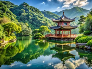 Serene Landscape Photography Featuring Chinoiserie Patterns with Lush Greenery, Tranquil Waters, and Elegant Architectural Elements in a Harmonious Natural Setting