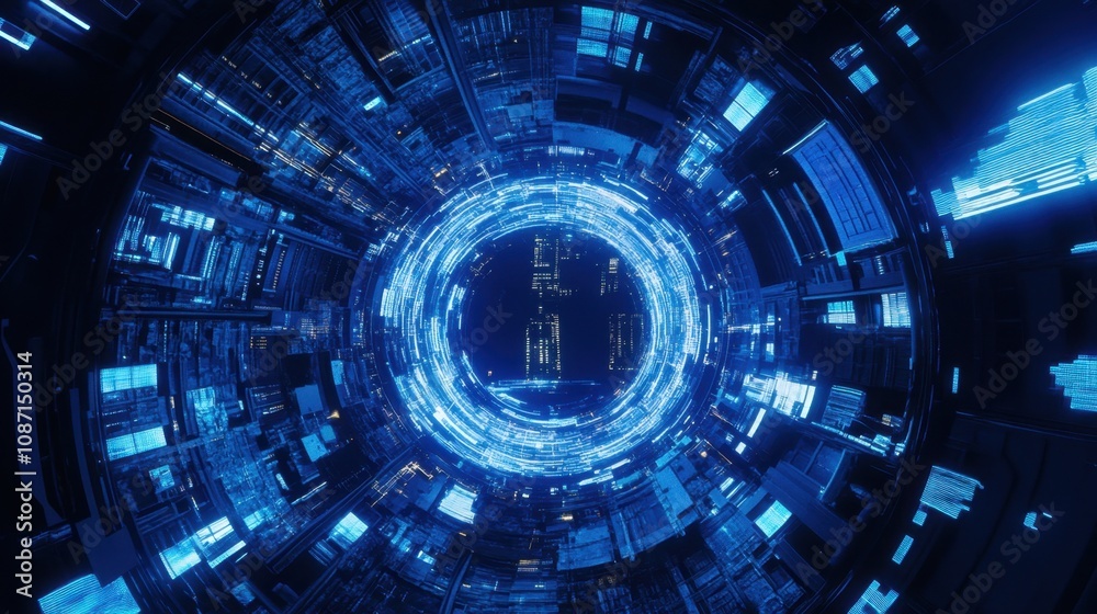 Aufkleber futuristic abstract technology design with circular pattern of bright blue lights and data streams c