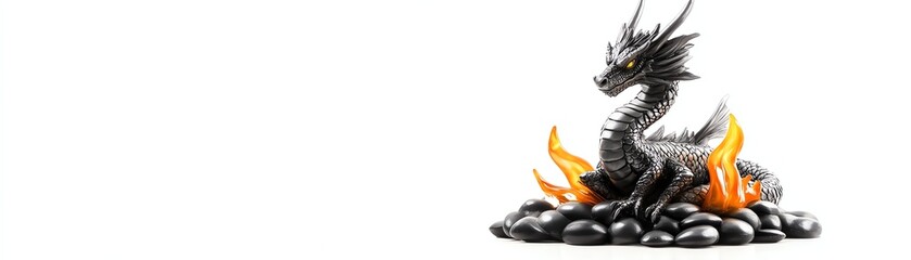 Fantasy dragon resting on rocks with flames, white isolated background