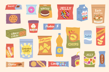 Snack in packages. Fast food in containers fast drinks in bottles different junk food chocolate bars crisps candies recent vector snack collection