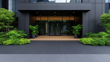 Modern entrance with greenery and sleek design.