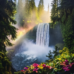 Majestic Waterfall Surrounded by Lush Green Forest and Vibrant Flowers with a Captivating Rainbow Arching Through the Misty Spray in a Serene Nature Landscape