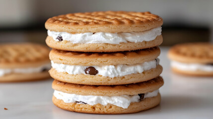 A Stack of Homemade Cream-Filled Cookies with Chocolate Chips, Ready to be Enjoyed