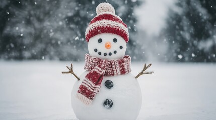 Fototapeta premium Charming Snowman Displaying Cheerful Expression Surrounded by Gentle Falling Snowflakes in a Winter Wonderland Setting