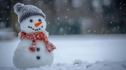 Cheerful Snowman with a Knitted Hat and Red Scarf Surrounded by Falling Snowflakes in a Winter Wonderland Scene