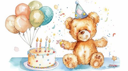 Fototapeta premium A cute, smiling teddy bear wearing a birthday hat and holding balloons