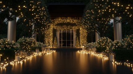 Enchanted Garden Entrance: A mesmerizing pathway illuminated by twinkling fairy lights leads to a grand entrance, creating a magical and romantic atmosphere.