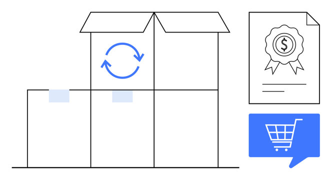 Boxes set for delivery, topped with return sign, next to checkout icon and quality certificate. Ideal for e-commerce, logistics, delivery services, online shopping, quality assurance, returns