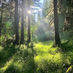 Obraz premium Enchanting Sunlight Piercing Through Trees in a Lush Forest with Vibrant Greenery and Delicate Wildflowers Creating a Tranquil Natural Scene