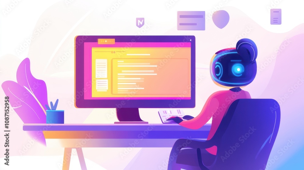 Poster modern workspace illustration featuring a futuristic robot interaction with computer screen in brigh