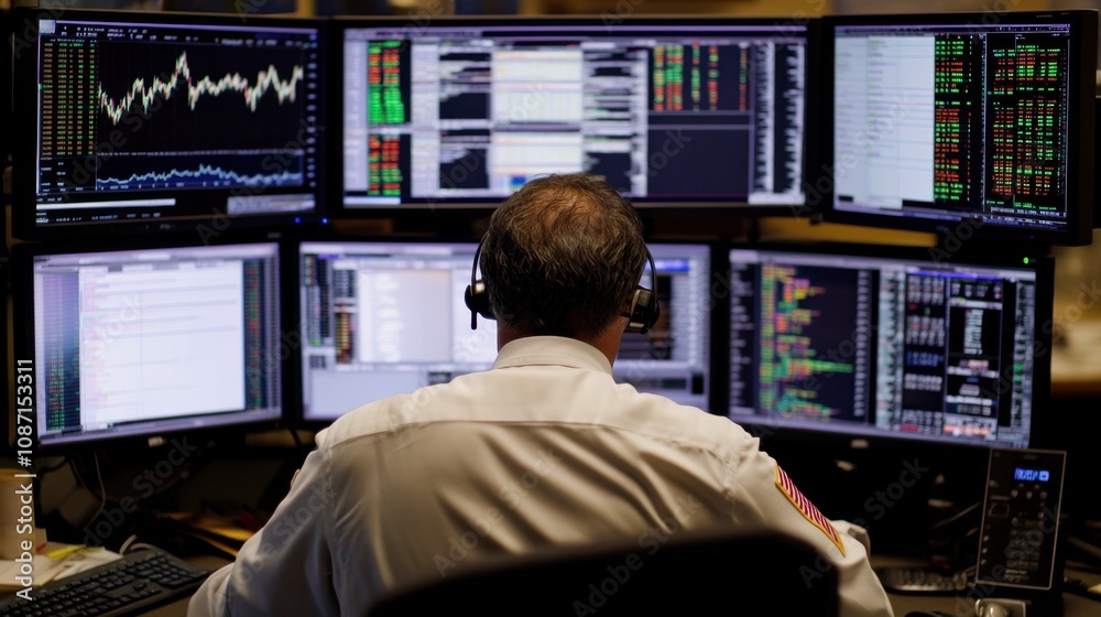 Poster professional trader monitoring market trends with multiple screens displaying stock charts and data 