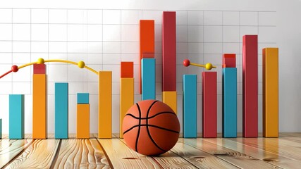 Wooden floor with colorful 3D business bar graphs and a basketball placed in front, symbolizing competition and statistics. - Powered by Adobe