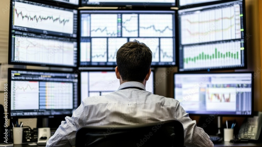 Poster Professional trader analyzing stock market data with multiple computer screens displaying graphs and charts in a modern financial office environment