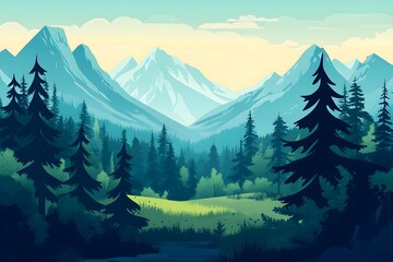 Fototapeta premium Beautiful autumn mountain landscape. Vector illustration. winter Vector art style landscape. Sunset in mountains illustration, nature, vector, background, hill, sky, mountain, tree, environment,