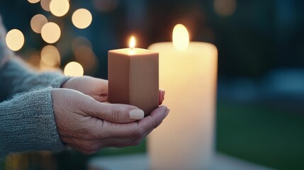 valentine chocolates memories concept, A serene moment of a person holding a wooden candle, with a glowing white candle in the background, creating a warm and inviting atmosphere.