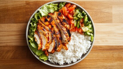 Fototapeta premium Grilled Chicken with Rice and Fresh Vegetables