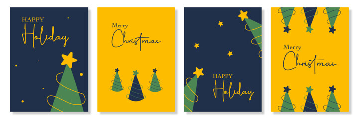 Trendy Merry Christmas and Happy New Year minimalist greeting with tree and snow element illustration, blue and yellow background for sale, advertisement promotion, card, gift, poster, flyer, banner.