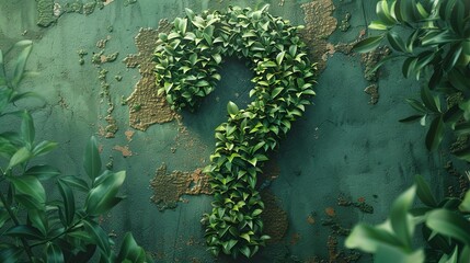 A question mark enveloped in lush green plants, set against a green background