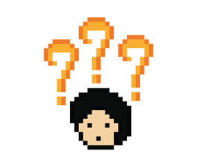 Obraz premium Cute pixel cartoon character man with question mark decoration 8 bit male boy confused idea question think choose cartoon pixel game png vector.