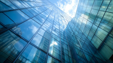 Obraz premium A Low Angle View of a Modern Glass Building Reflecting the Sky and Other Buildings, Creating an Abstract Pattern of Lines and Shapes