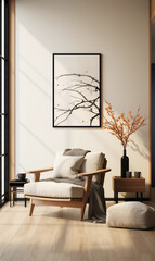 Modern Minimalist Living Room Wooden Armchair Neutral Decor Branch Artwork