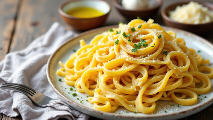 A close-up photo of a plate of freshly cooked yellow pasta with grated cheese on top, served at an angle with a fork beside it.