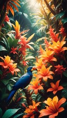 Tropical exotic pattern with animal and flowers in bright colors and lush vegetation