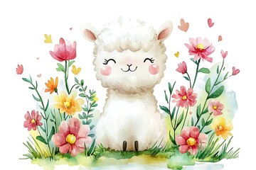 Obraz premium Adorable Watercolor Alpaca in a Flower Garden Cute Animal Illustration for Children's Books and Design.