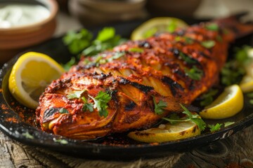 Grilled Tandoori Fish with Lemon and Fresh Herbs on a Rustic Wooden Table in Traditional Indian Style