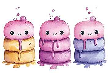 Obraz premium Adorable Watercolor Illustration of Three Stacked Kawaii Ice Cream Treats with Melting Drips.