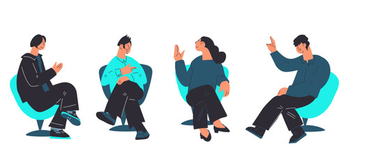 People speak at a conference or forum, business event. People sit in chairs and take part in discussions and debates, speakers experts, flat vector illustration isolated on white background.