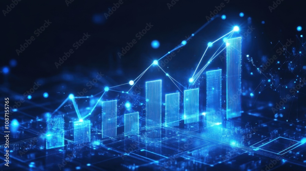 Poster futuristic data visualization with digital analytics, neon graphs, and trendline metrics representin