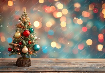 Christmas background. A small Christmas tree with colorful ornaments sits on a wooden table. The tree is surrounded by a blurry background, giving the image a dreamy, festive atmosphere