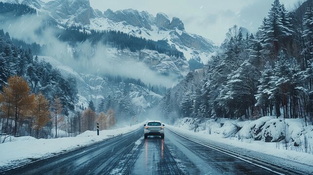 A white car drives along a mountain road in winter, surrounded by natural scenery. The highway winds through green mountains, offering a picturesque winter landscape on the black asphalt road