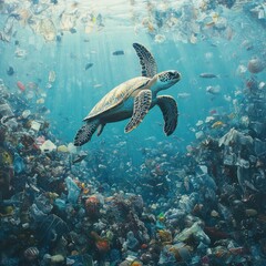 Obraz premium A Sea Turtle Swims Through a Sea of Plastic Waste
