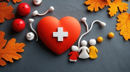 A colorful composition featuring a red heart with a medical cross, family figures, and autumn leaves, symbolizing health and family care.