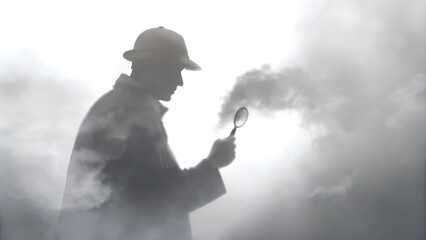 Detective silhouette examining clues with magnifying glass in foggy atmosphere