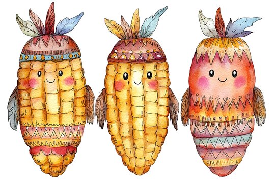 Watercolor Illustration of Three Cute Cartoon Corn on the Cob Wearing Native American Headdresses.  These whimsical characters are perfect for Thanksgiving, harvest festivals, or children's designs.