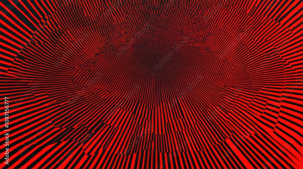 Poster abstract red and black radial lines creating optical illusion with depth perception in striking patt