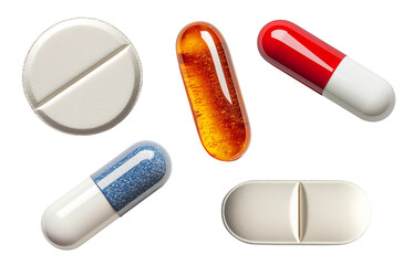 Set of pills isolated on transparent background. Generative AI
