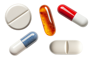 Set of pills isolated on transparent background. Generative AI