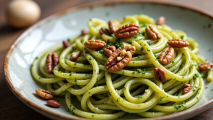 Plate of pasta with walnuts and herbs.